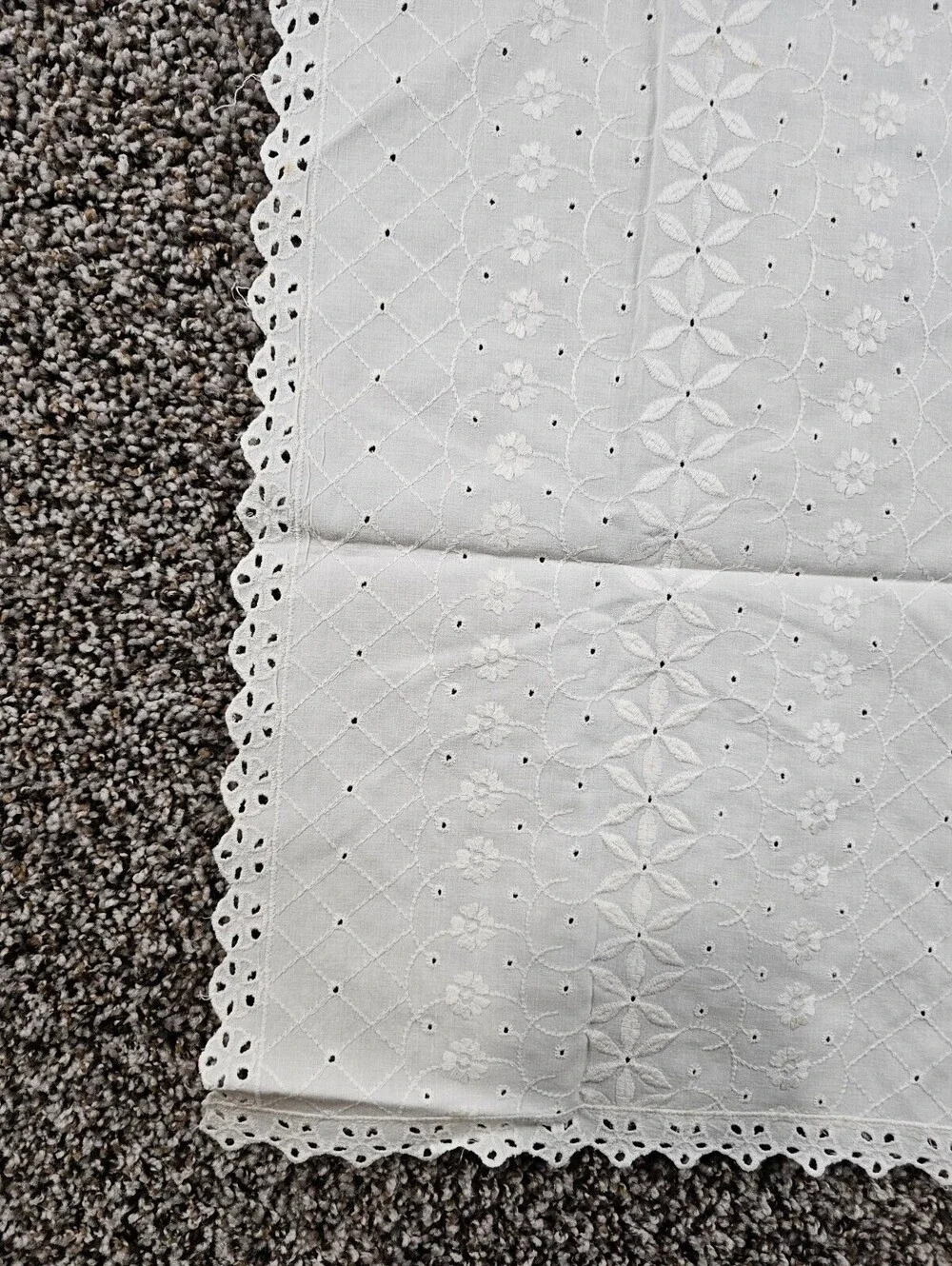 Vintage white cotton table runner featuring intricate eyelet lace embroidery 37
